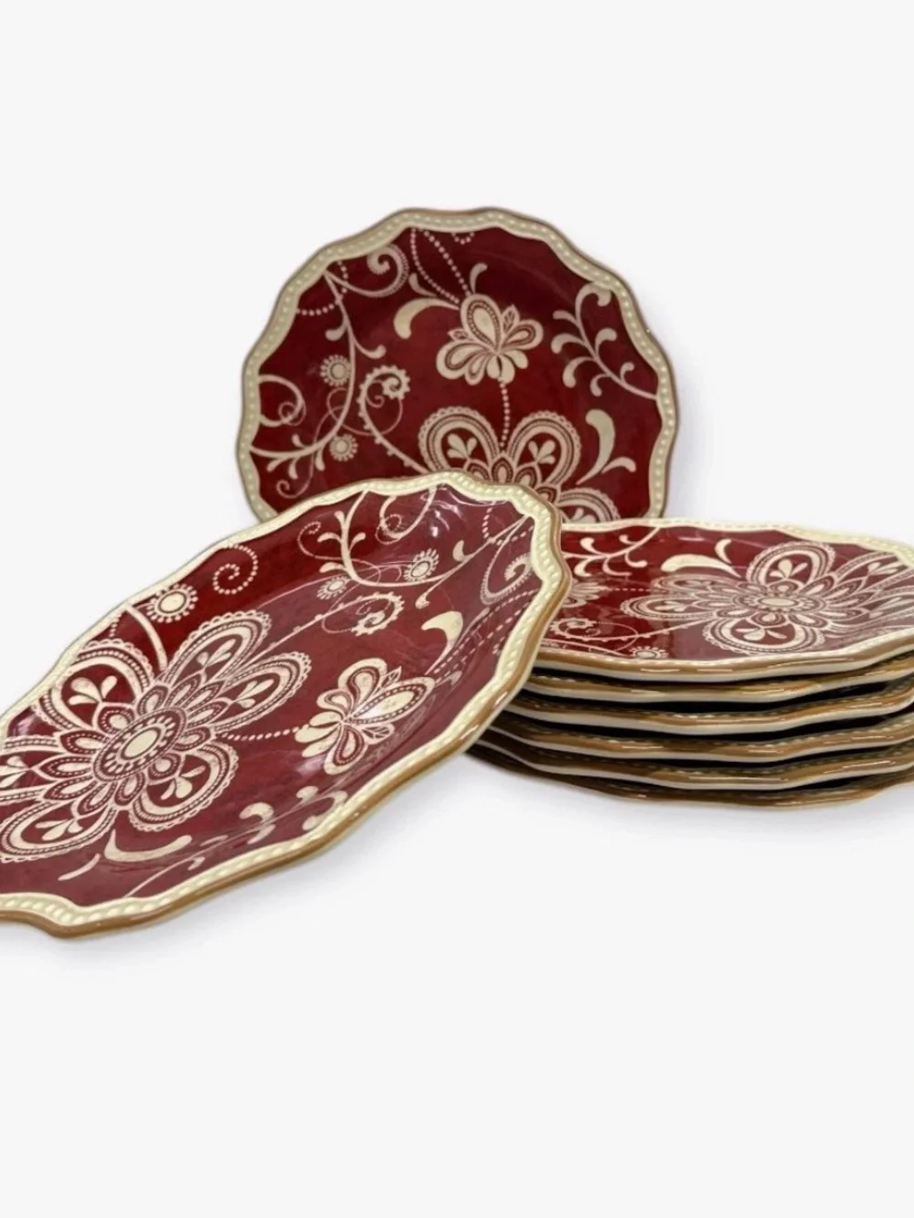 Pier 1 Imports Maribeth Burgundy Floral Scalloped Salad Plates 8 7/8” Set of 8